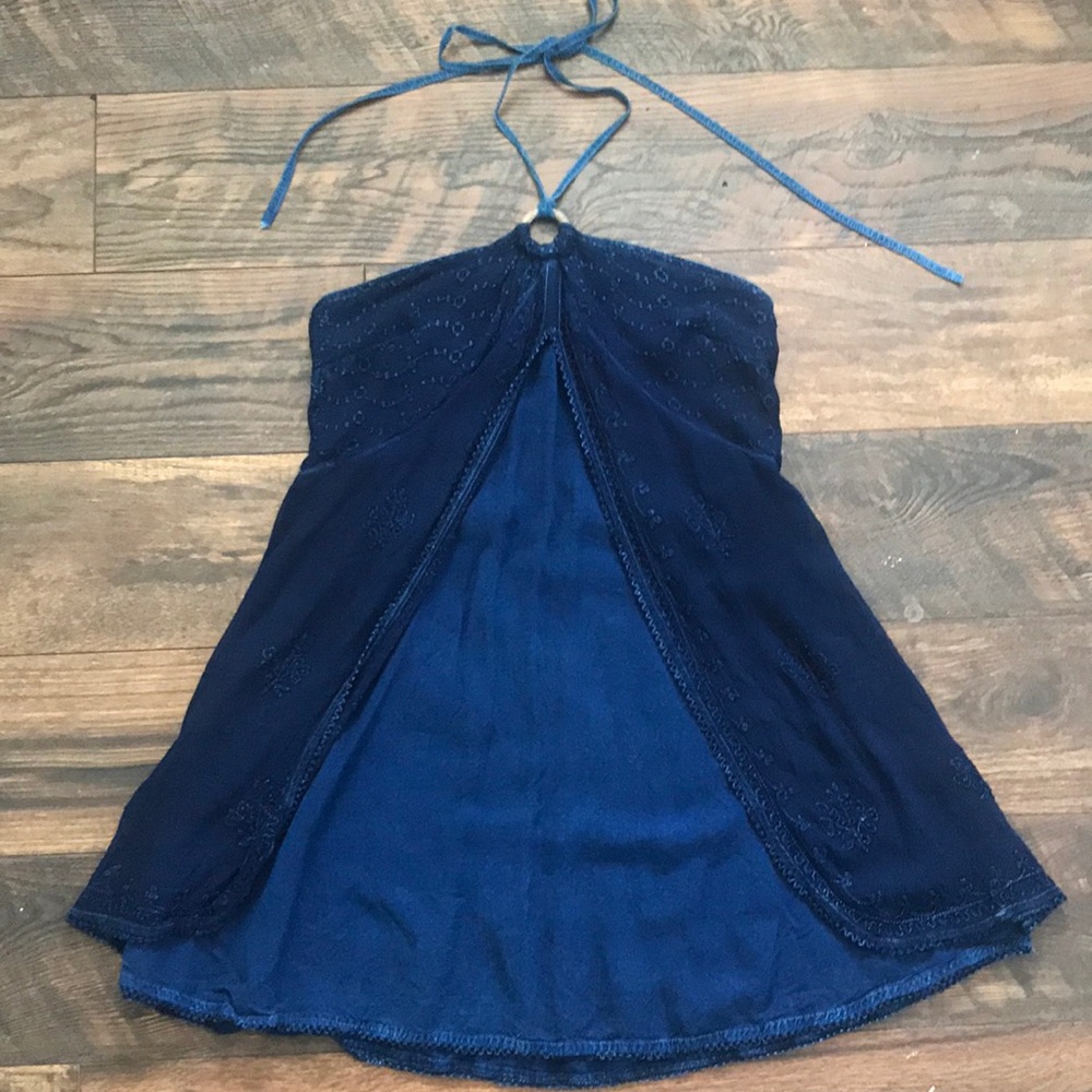embroidered blue halter dress.